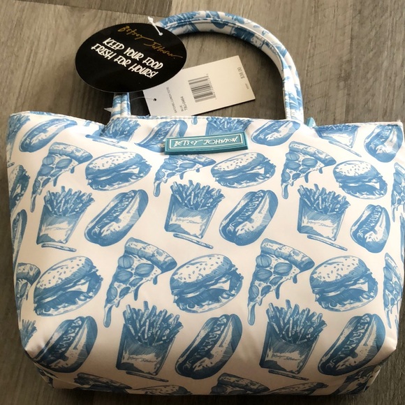 Betsey Johnson Insulated Satchel Lunch Tote White & Blue Fast Food Print NWT - Picture 6 of 16